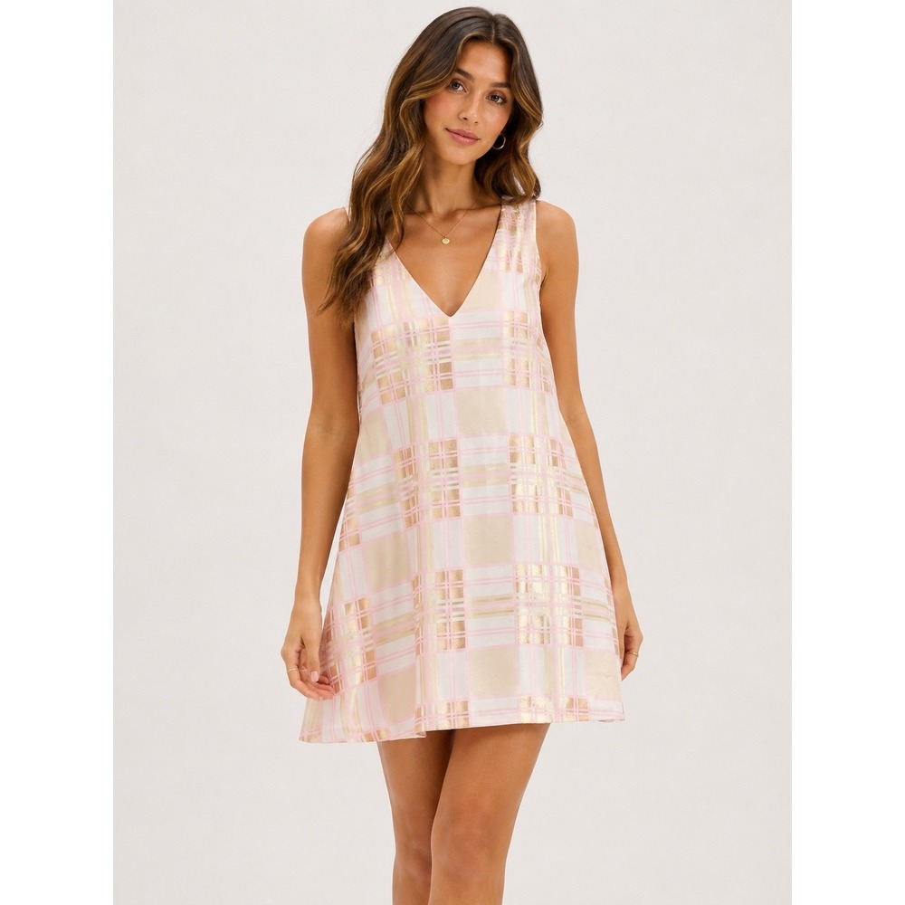BURU Pink Gold Plaid Lurex V-Neck Sleeveless Shift Mini Dress Pockets Medium